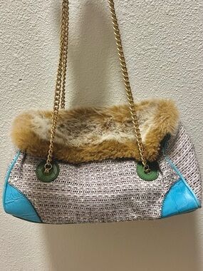 Jennifer Lopez Tweed Shoulder Bag with Tan Fur Trim and Turquoise Corners